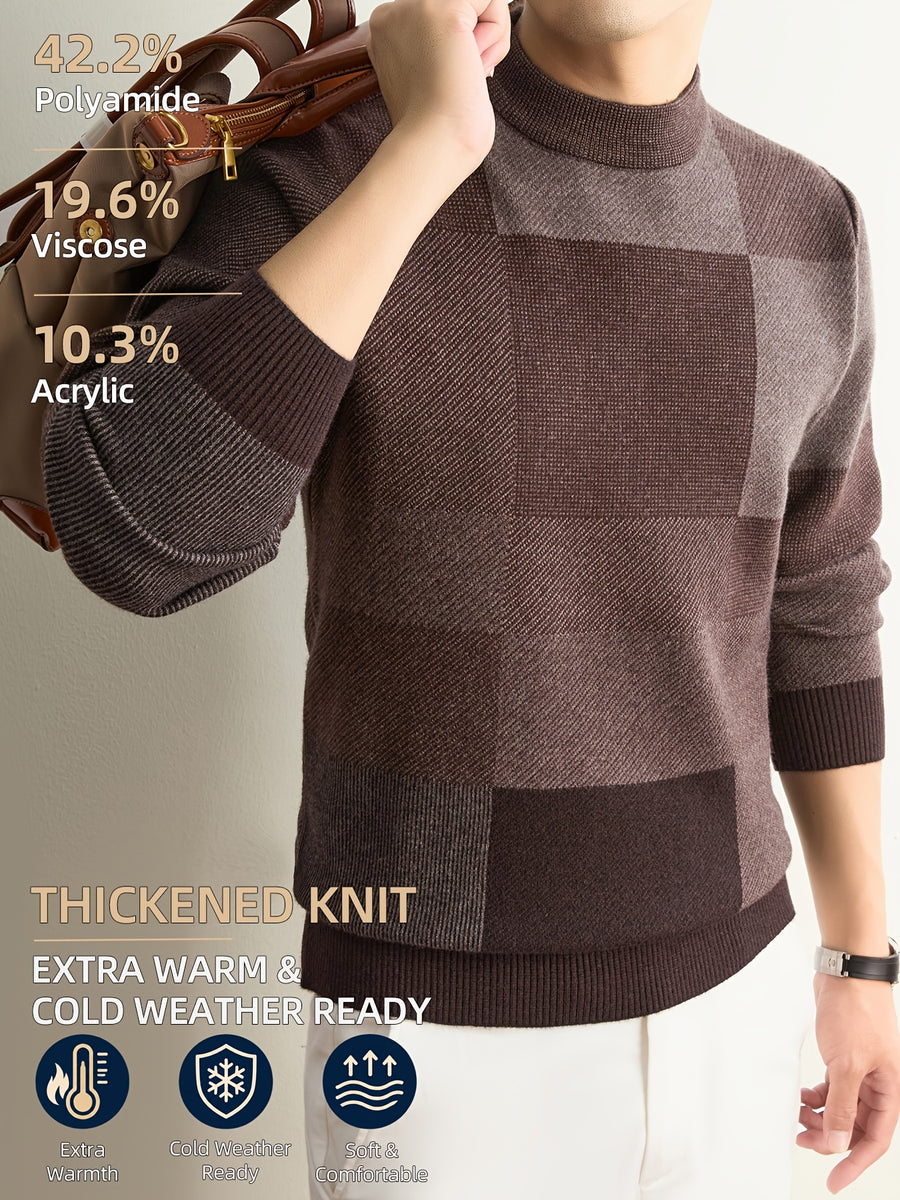 Men'S Autumn And Winter Knitted Pullover Sweater, Classic Crew Neck with Color-Block Geometric Design, Thick And Warm for Cold Weather, Ideal for Casual Wear, Outdoor Activities, Camping, Hiking, And Fishing, Gift for Dad Or Husband - Dark Red