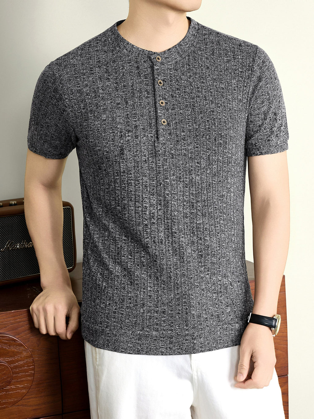 Men'S 2026 New Summer Short Sleeve, Vertical Rib Knit, Regular Fit Casual Top, Easy And Fashionable for Daily Wear, Business Commute, Vacation And Weekend Leisure - Black Gray