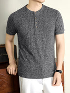 Men'S 2026 New Summer Short Sleeve, Vertical Rib Knit, Regular Fit Casual Top, Easy And Fashionable for Daily Wear, Business Commute, Vacation And Weekend Leisure - Black Gray