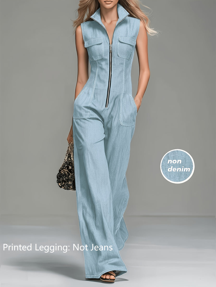 Spring/Summer/Autumn Vintage Denim Jumpsuit, Sleeveless Design, Wide-Leg Pants Style, and Figure-Flattering, Printed Legging (Not Jeans) - Light Blue
