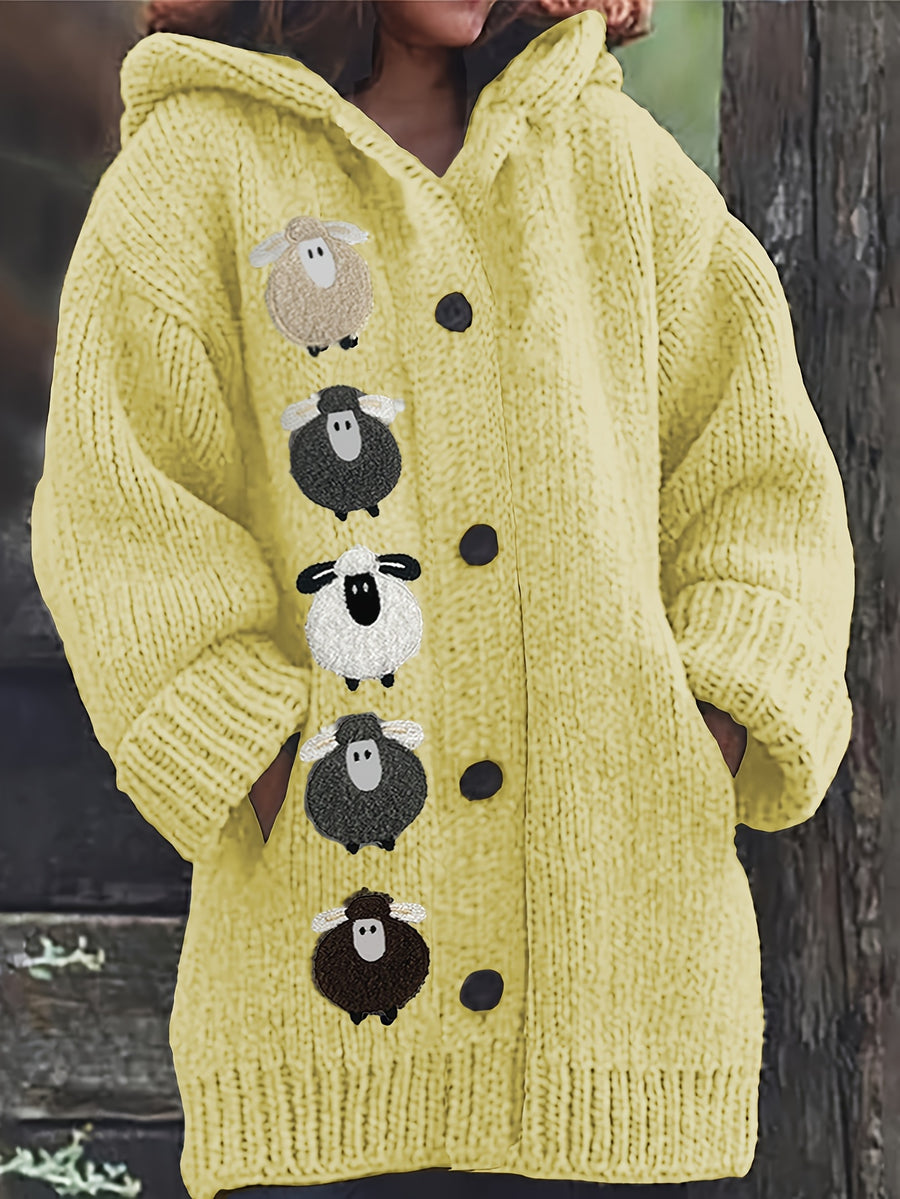 Winter Women's Elegant Hooded Oversized Outerwear Jacket, Multi-Color Little Lamb, Chunky, Soft, Thick, Beautiful, Stylish, Comfortable, Casual, Vintage, Commuting Cardigan, Gift - Bright Yellow