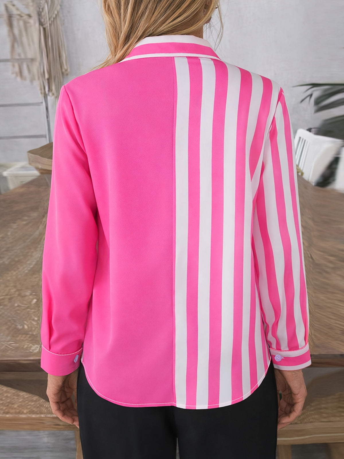 Fashion Women'S Clothing, Striped Lapel Shirt, Women'S Long Sleeve Striped Pocket Commuter Temperament Top - Rose Red