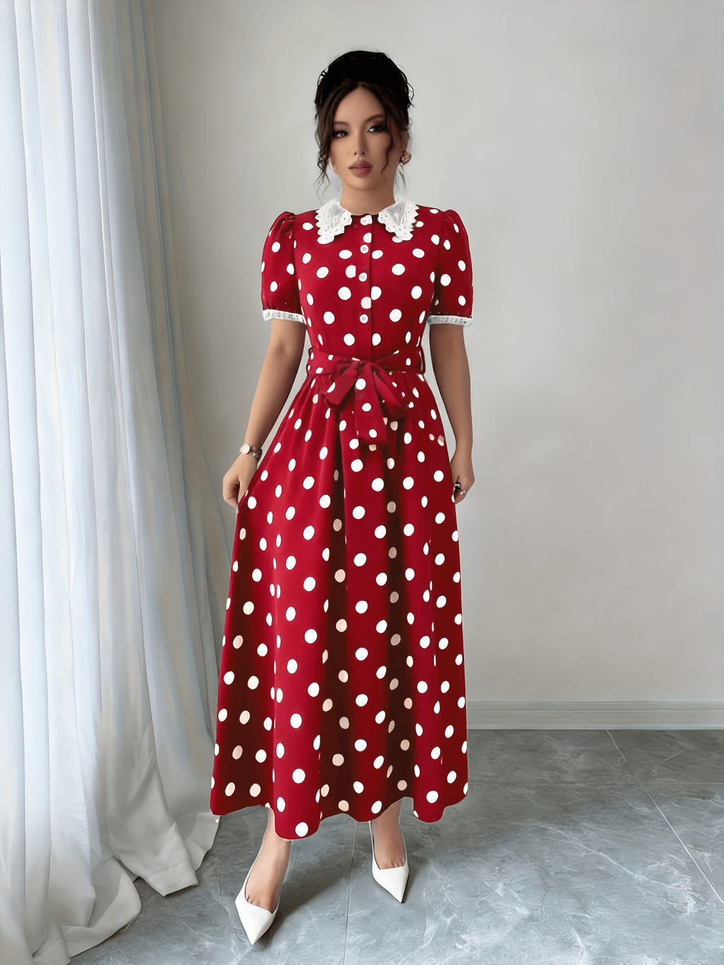 Elegant Lace-trimmed Polka Dot Color-block Long Dress with Waist Tie for a Fit - Burgundy