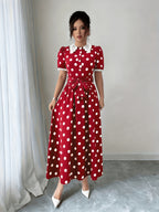 Elegant Lace-trimmed Polka Dot Color-block Long Dress with Waist Tie for a Fit - Burgundy