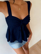 Women's Casual Drawstring Front Tie Camisole, Women's Outerwear Top, Vacation, Cute Top - Navy blue color