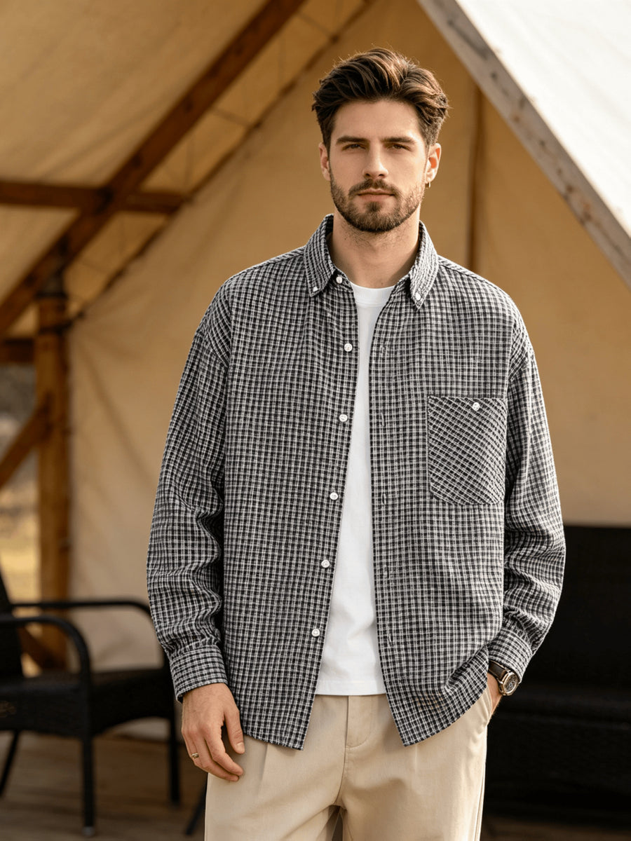 Men's Casual Long-Sleeve Shirt, Lightweight Spring/Autumn Fashion Lapel Shirt for Outdoor Daily Outings, Wrinkle-Free Men's Top - Black