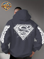 Warner Bros Official Superman Logo Print Men's Trendy Hooded Sweatshirt, Featuring Sleeve Print Design, Kangaroo Pocket, and Drawstring Hood, Suitable for Daily Wear in Autumn and Winter as Well as Outdoor Sports - a Must-have Item for Trend - Dark Gray