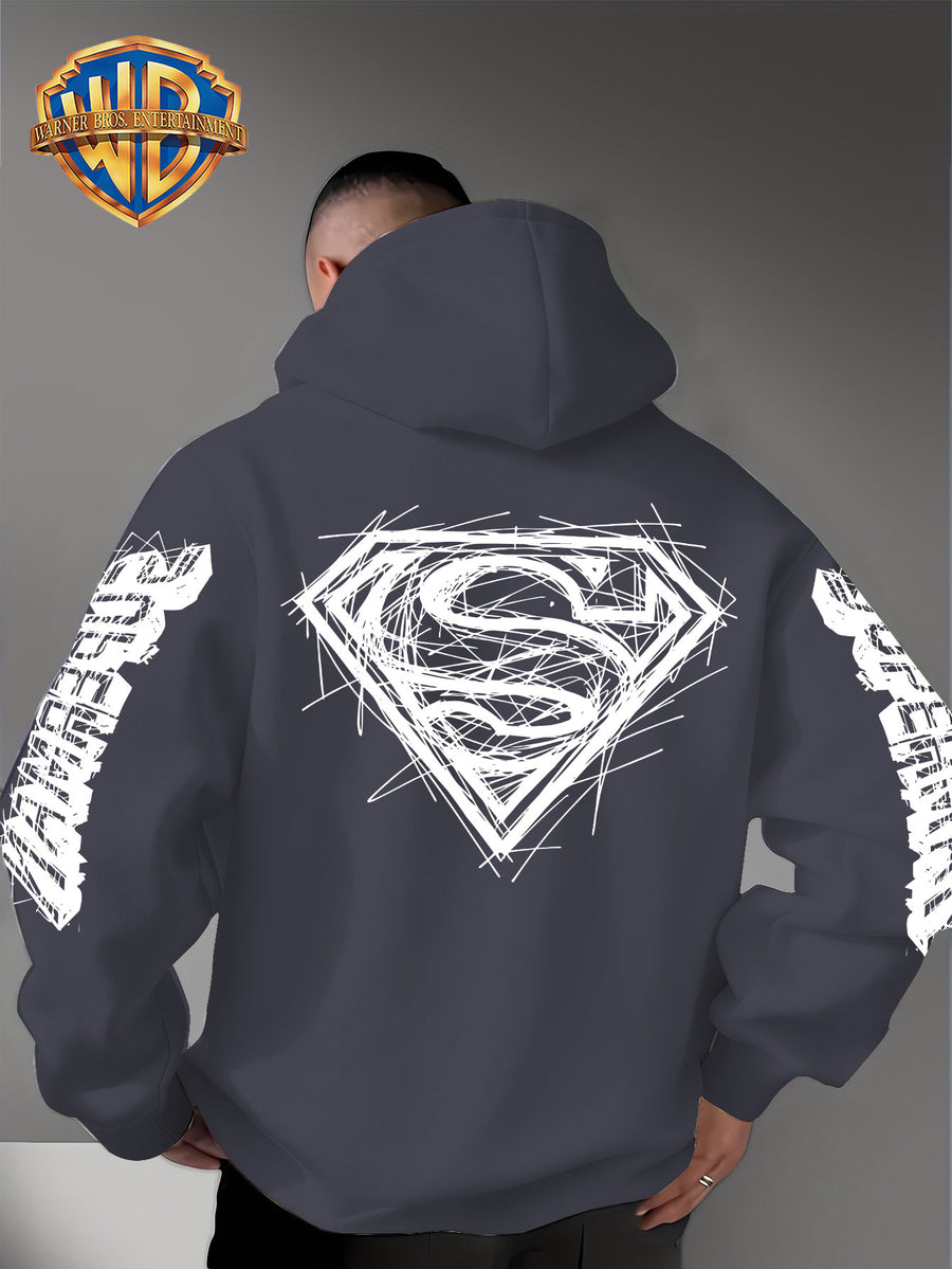 Warner Bros Official Superman Logo Print Men's Trendy Hooded Sweatshirt, Featuring Sleeve Print Design, Kangaroo Pocket, and Drawstring Hood, Suitable for Daily Wear in Autumn and Winter as Well as Outdoor Sports - a Must-have Item for Trend - Dark Gray
