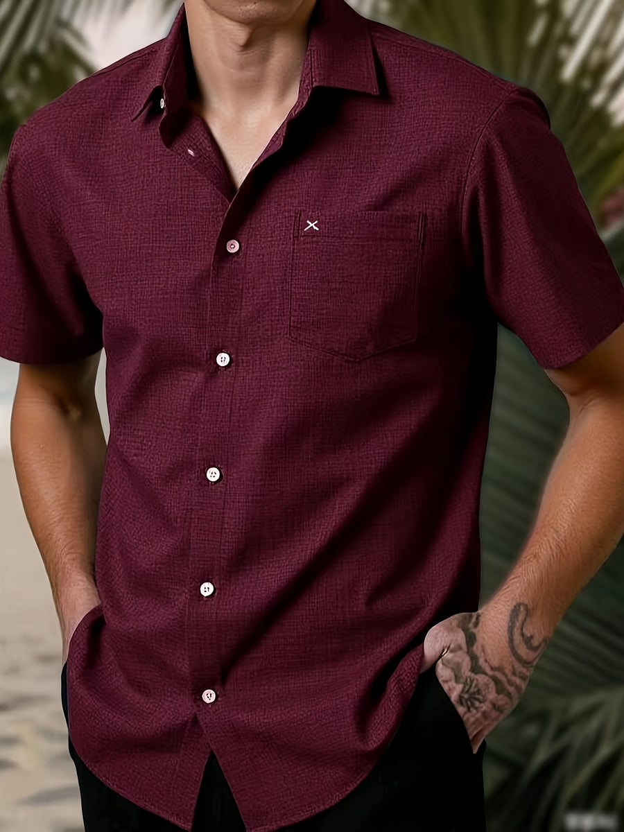 Men's Casual Multi-functional Daily Short-Sleeve Shirt with Single Pocket Embroidery, Summer Men's Shirt - Deep Red