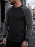 Men'S Autumn And Winter Round Neck Plush Sweatshirt, Featuring Fashionable Color Block Patchwork Pattern And Solid Color Design, Shoulder Sleeve Sweatshirt. Anti-Wrinkle Soft Knit Material - Black