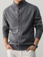 Easy Style Men'S Button-Up Knit Jacket, High-Neck Casual Sweater Coat, Fabric: 45% Acrylic, 26.9%, 22.7% Nylon, 5.4% Velvet Velvet; Stretchy Soft Sweater Outerwear, Suitable for Office And Street Casual Wear - Lace Gray