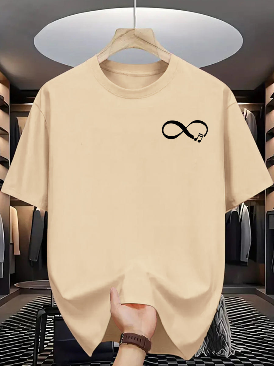 Men'S Casual Summer T-Shirt with Stylish Infinity Symbol & Heartbeat Print - Breathable Polyester, Crew Neck, Short Sleeve, Regular Fit - Perfect for Casual Attire - Apricot