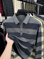 Autumn Men'S Long Sleeve T-Shirt 2026 New Style Wide Stripe Lapel with Real Pockets Casual Long Sleeve POLO Shirt - Grey