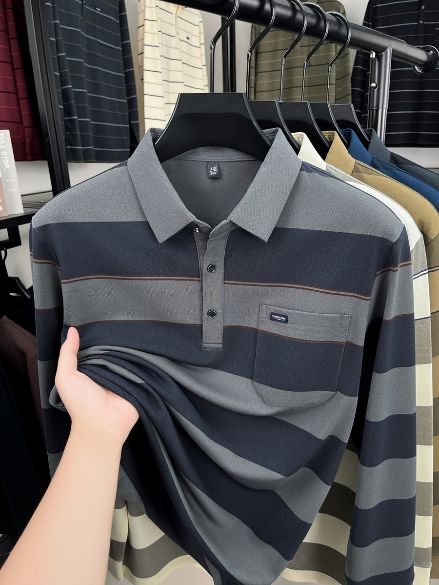 Autumn Men'S Long Sleeve T-Shirt 2026 New Style Wide Stripe Lapel with Real Pockets Casual Long Sleeve POLO Shirt - Grey