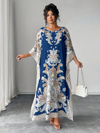 Plus Size - Plus Size - Plus Size Women'S Loose-Fitting Batwing Sleeve Printed Round Neck Dress - Navy Color
