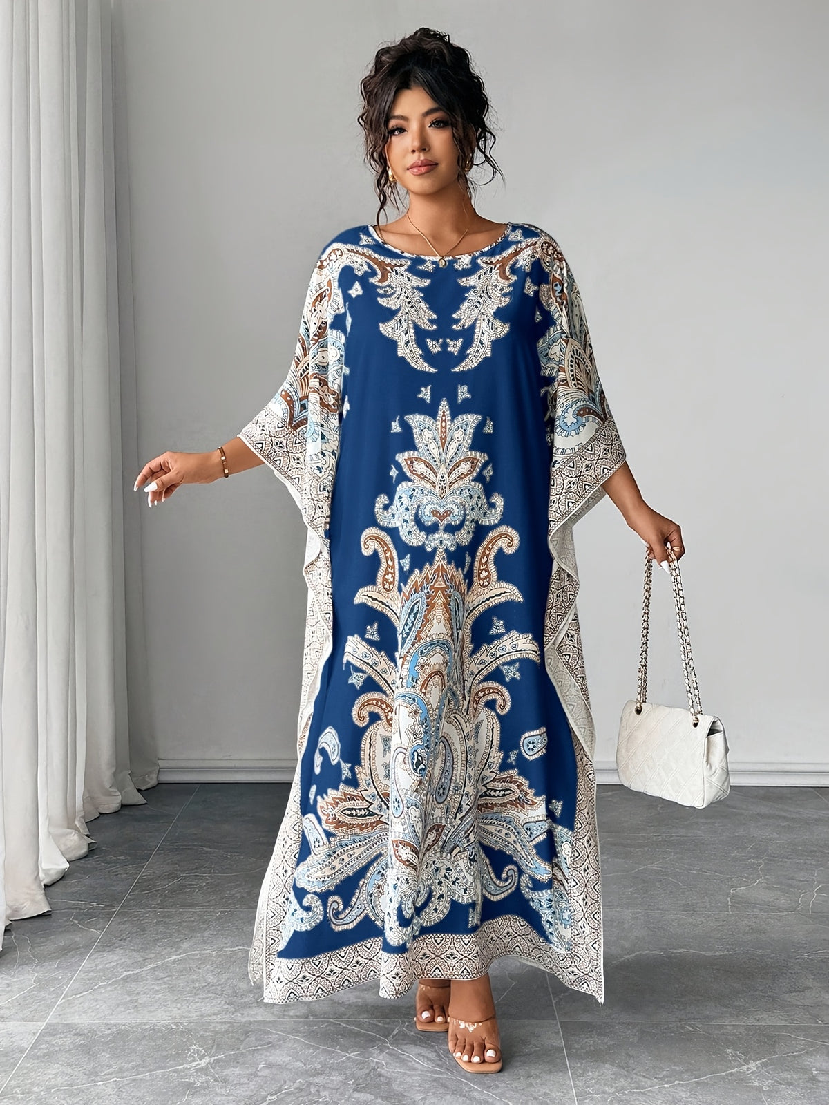 Plus Size - Plus Size - Plus Size Women'S Loose-Fitting Batwing Sleeve Printed Round Neck Dress - Navy Color
