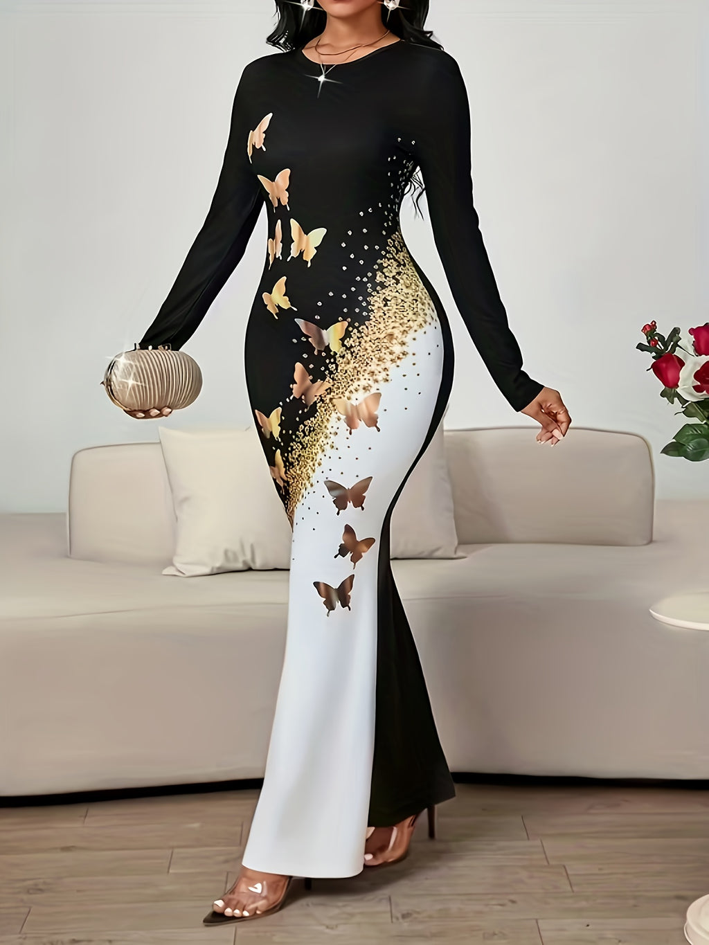 Women's Printed Elegant Round Neck Long Sleeve Dress - Black