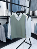 Men's Stretch 2-in-1 Look Polo Long Sleeve Shirt, Striped Shirt Collar Patchwork Polo Top, Smooth, Fine, and Skin-Friendly Fabric, Business Commute, Business Trip, and Travel Top, Loose and Casual Men's Clothing for Daily Wear and Home - Green