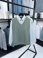 Men's Stretch 2-in-1 Look Polo Long Sleeve Shirt, Striped Shirt Collar Patchwork Polo Top, Smooth, Fine, and Skin-Friendly Fabric, Business Commute, Business Trip, and Travel Top, Loose and Casual Men's Clothing for Daily Wear and Home - Green