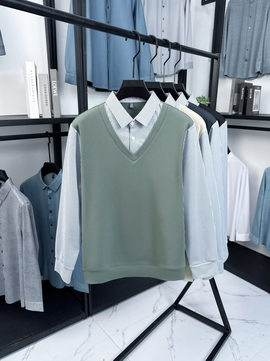 Men's Stretch 2-in-1 Look Polo Long Sleeve Shirt, Striped Shirt Collar Patchwork Polo Top, Smooth, Fine, and Skin-Friendly Fabric, Business Commute, Business Trip, and Travel Top, Loose and Casual Men's Clothing for Daily Wear and Home - Green