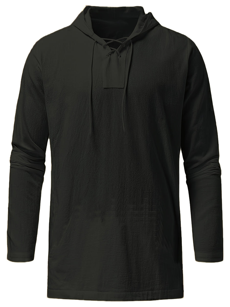 Men's Casual Sports Long Sleeved Hooded Sweatshirt, Drawstring, Solid Color Clothing, Suitable for Daily Use, Casual Exercise Use - Black