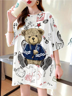 Summer New Large Size Loose Fashion Trend Slim Cartoon Round Neck Print Ladies Women'S Medium And Long Short-Sleeved T-Shirt Clothes - K180-W