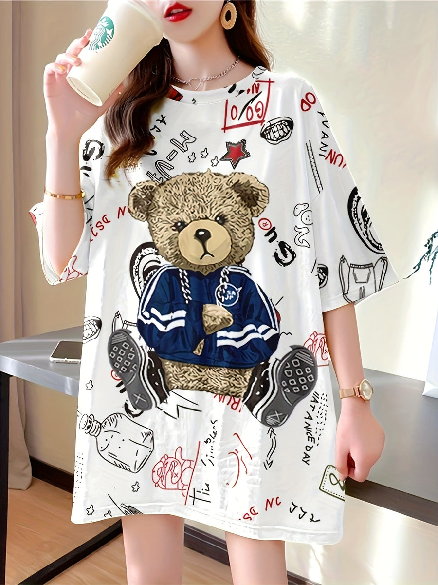 Summer New Large Size Loose Fashion Trend Slim Cartoon Round Neck Print Ladies Women'S Medium And Long Short-Sleeved T-Shirt Clothes - K180-W