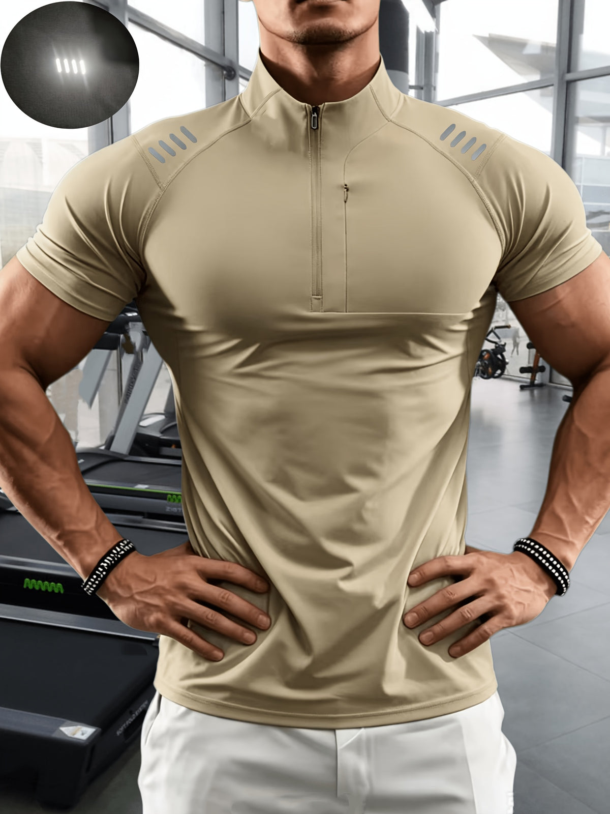 Men'S Muscular Fitness High-Elastic Training Quick-Dry Fitness Wear, Individual Print Patterns, Slim Fit Summer Casual Short Sleeve Shirt T-Shirt - Breathable Elastic Fabric, Stand-Up Collar Design with Open Chest Zipper - Khaki