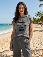 Women'S Two-Piece Drawstring Sleeveless Hooded Top And Summer Letter Print Pants, Elastic Waist Casual Pants, Pants Set - Dark Gray