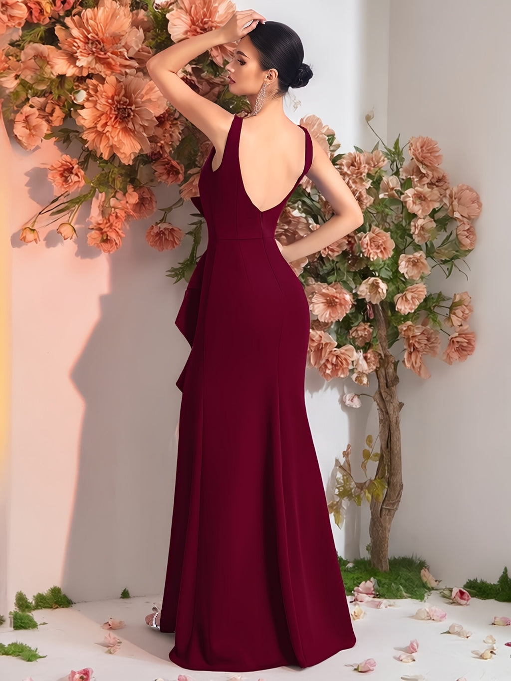 Women'S Round Neck High-Waist Slit Dress, Suitable for Dances, Parties, Formal Dinners, And Other Occasions, Wedding Bridesmaid Dresses, Birthday Parties, Graduation Ceremony Dresses - Burgundy