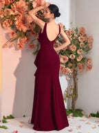 Women'S Round Neck High-Waist Slit Dress, Suitable for Dances, Parties, Formal Dinners, And Other Occasions, Wedding Bridesmaid Dresses, Birthday Parties, Graduation Ceremony Dresses - Burgundy