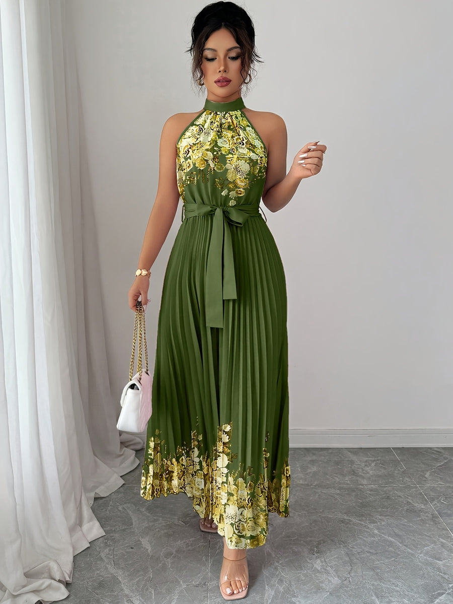 Fashionable New Women'S Summer Halter Floral Print Pleated Dress - Army Green Bottom Yellow Flower