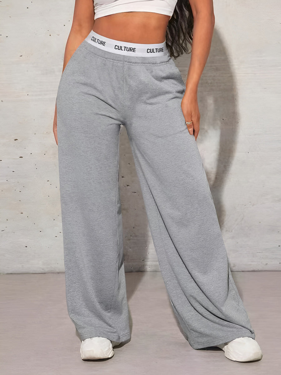 Women's Wide- Winter Pants with High Waist - Solid Color Full-Length Floor-Sweeping Trousers, Loose Fit Casual Winter Wear, Pockets & Machine Washable (for Weather Outfits) - K6 Style - Grey