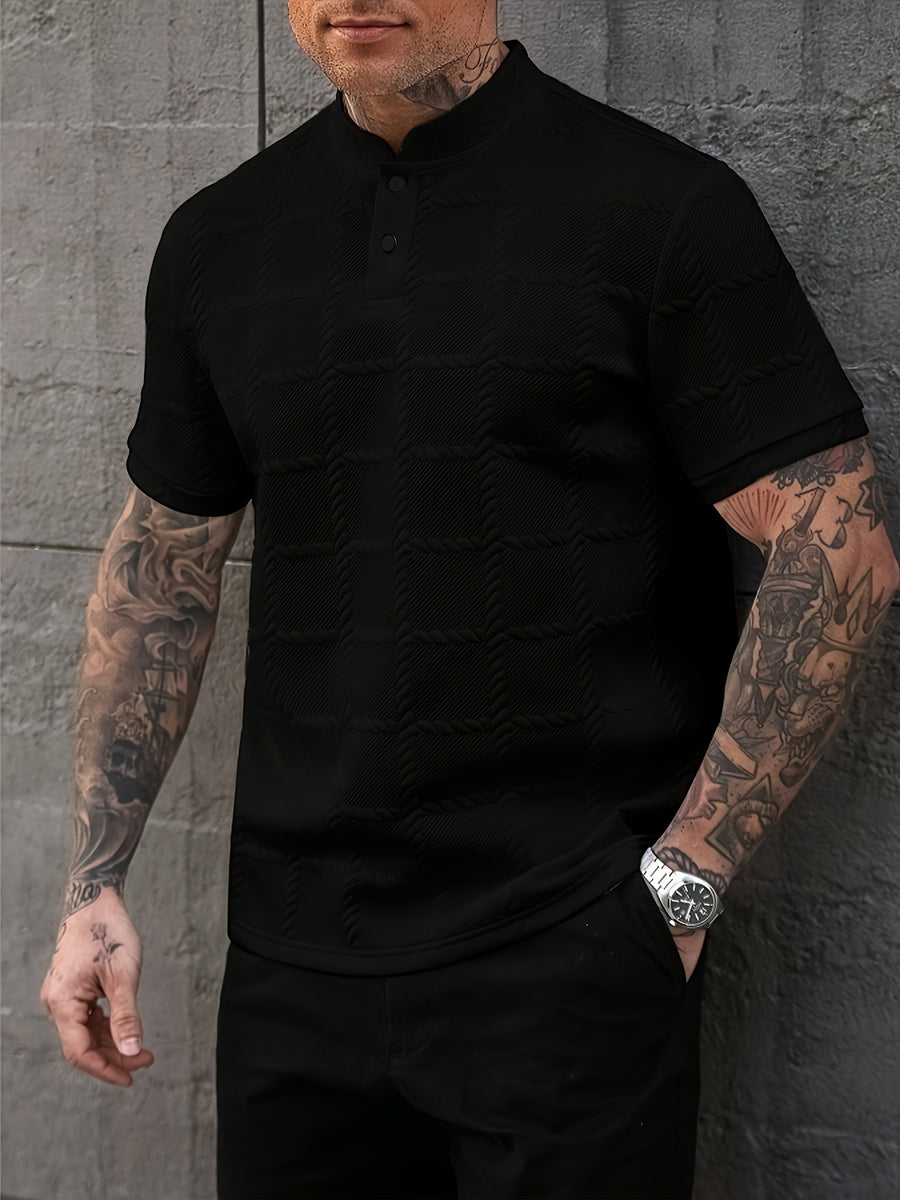 New Cross-Border Men's Fashion Summer Wear, Casual Sporty Short Sleeve Stand Collar Henley Shirt - Black