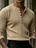 Joshmei OBM Black Friday Men's Dark Gray Geometric Knit Henley Neck Top, Diamond Weave Jacquard Pattern, Refined Casual Style, Autumn/Winter Slim Fit Long Sleeve Pullover, Suitable for Daily Commuting, Streetwear, and Weekend Gatherings - Khaki