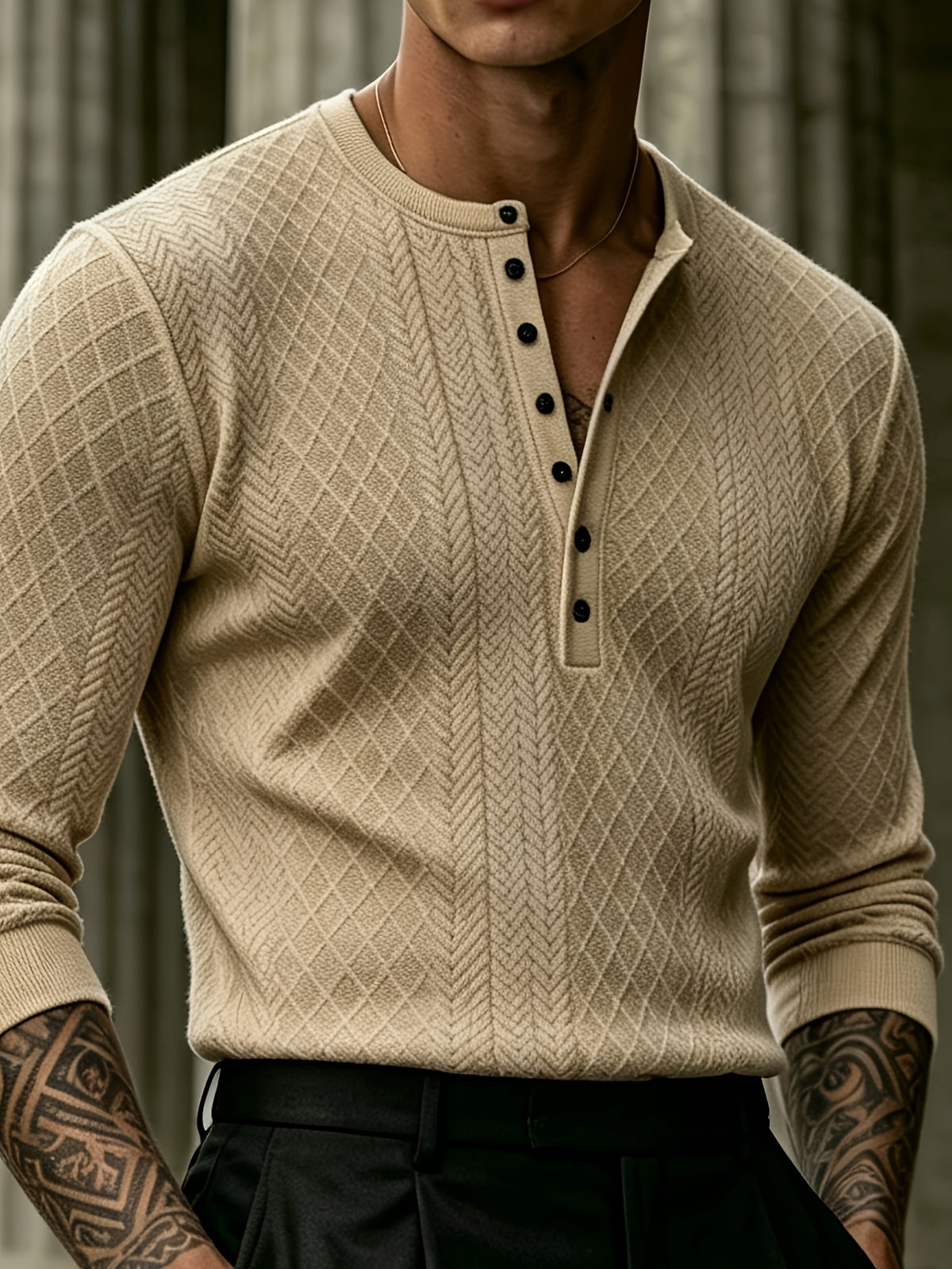 Joshmei OBM Black Friday Men's Dark Gray Geometric Knit Henley Neck Top, Diamond Weave Jacquard Pattern, Refined Casual Style, Autumn/Winter Slim Fit Long Sleeve Pullover, Suitable for Daily Commuting, Streetwear, and Weekend Gatherings - Khaki