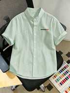 Men'S Striped Shirt Easy Print, Breathable Striped Summer Shirt, Stand-Up Collar Design Suitable for Beach Outings And Daily Casual, Beach Shirt, Outdoor Leisure, Soft Texture, Vacation Wear - Light Green
