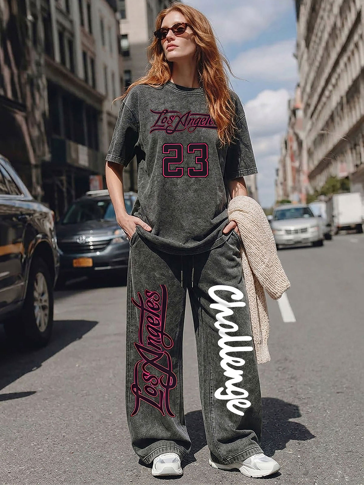 Trendy "Los Angeles" 23 Number Print New Spring/Summer Casual Jersey Sportswear, Street Sport Style Crew Neck Short Sleeve T-Shirt and Long Pants 2pcs Set, Washed Outfit, American Street Academic Style - Black