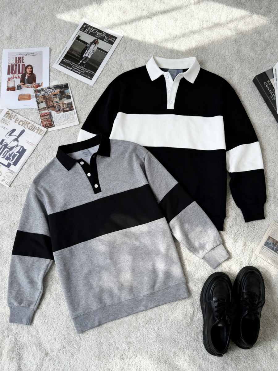 [2-Pc] Men'S Stand Collar Button-Front Polo Sweatshirt, Easy Color-Block Button Casual Pullover, Warm Daily Office Fluffy Long Sleeve Casual Polo Sweatshirt, Suitable for Fall Winter Outfit, Fleece-Lined Thickened, Ideal Gift for Friends, Husband - Gray Black