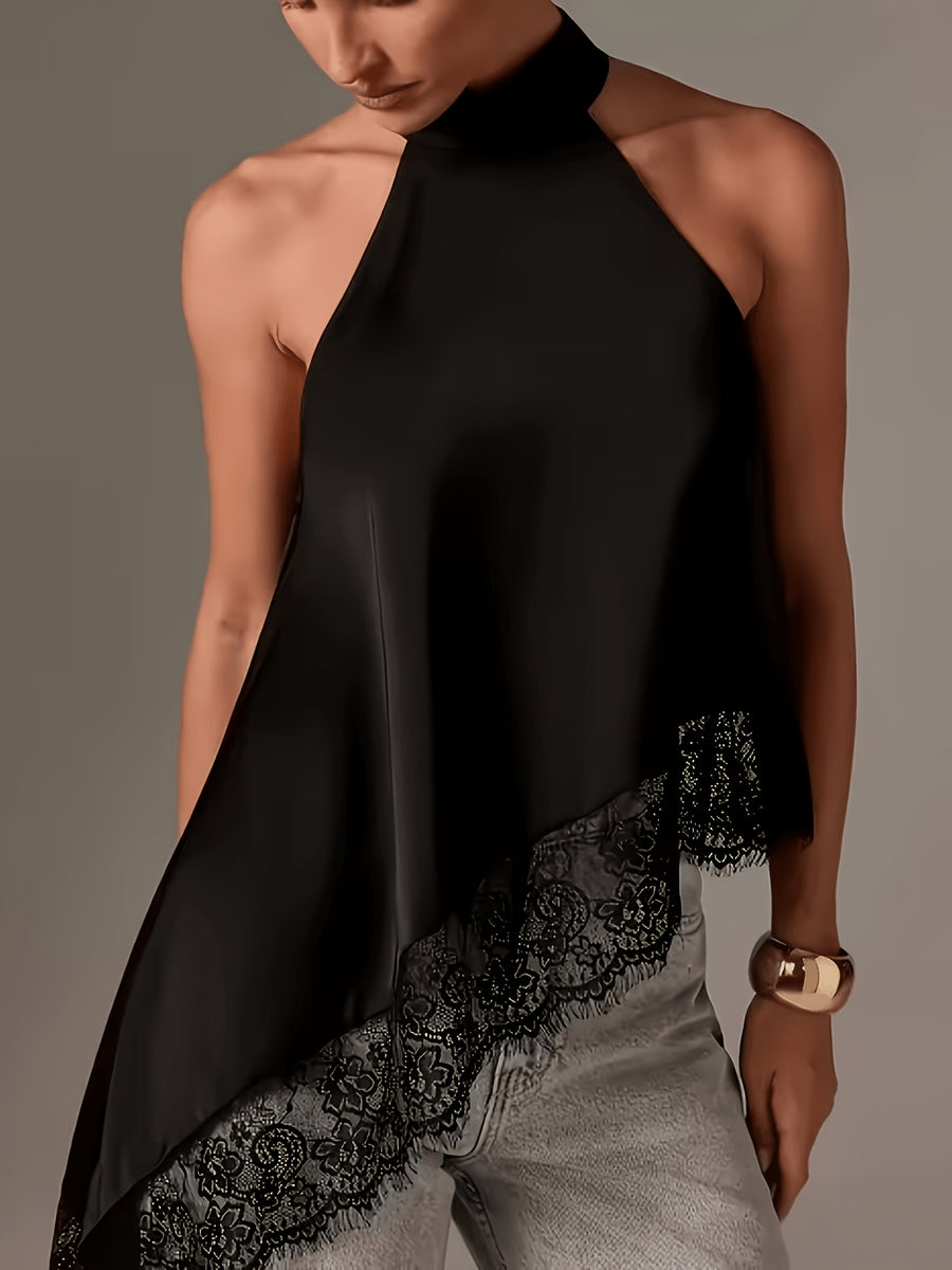 Directional Style Irregular Patchwork Lace Neckline Halter Elegant Temperament Top Halter Vest - Black
