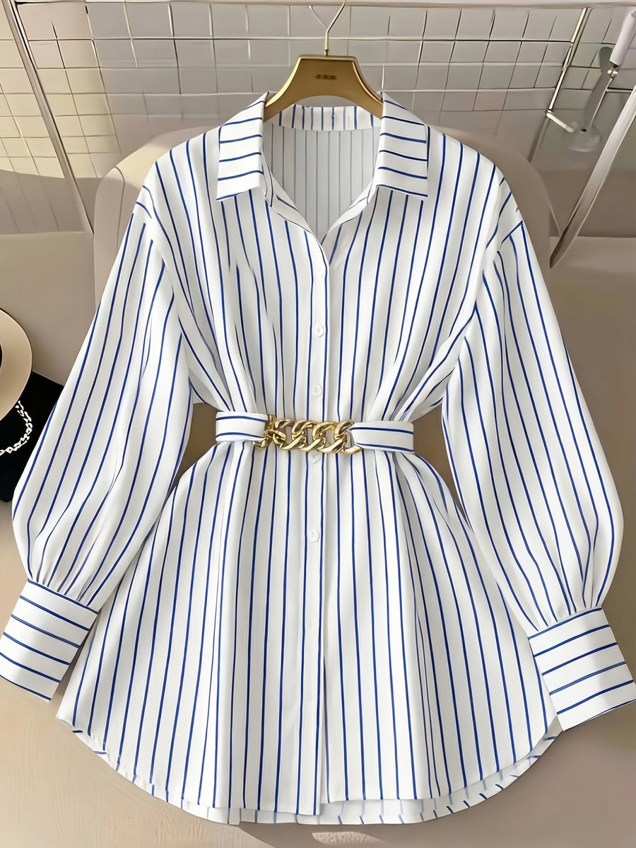[Size for Regular Fit] Women'S Spring Autumn Elegant Striped Loose Long Sleeve Shirred Blouse, Chain Detail Tie-Waist Shirt - White Blue