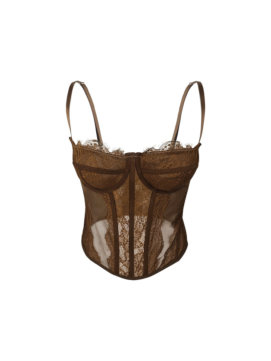 Sexy Lace Fitted Vest Top - Bodycon Cut, V-Neck, Sleeveless, Solid Color, with Exquisite Lace Detail, Suitable for Fashion Style, Lace Top - Coffee Brown