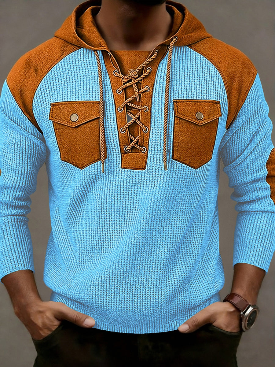 [Starry OBM] Men'S Spring/Summer New Fashion Textured Drawstring Hooded Polo Shirt, Men'S Hooded Pullover, Shoulder Panel Design Top, Multifunctional Pocket Design Jacket, Retro Versatile Trendy Fashion Sweatshirt, Men'S Casual Wear, Holiday Gift - Light Blue