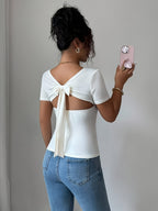 Elegant Vacation and Commute Back Bow Open-Back Top, Women's, Short Sleeve, Nian Nian - White