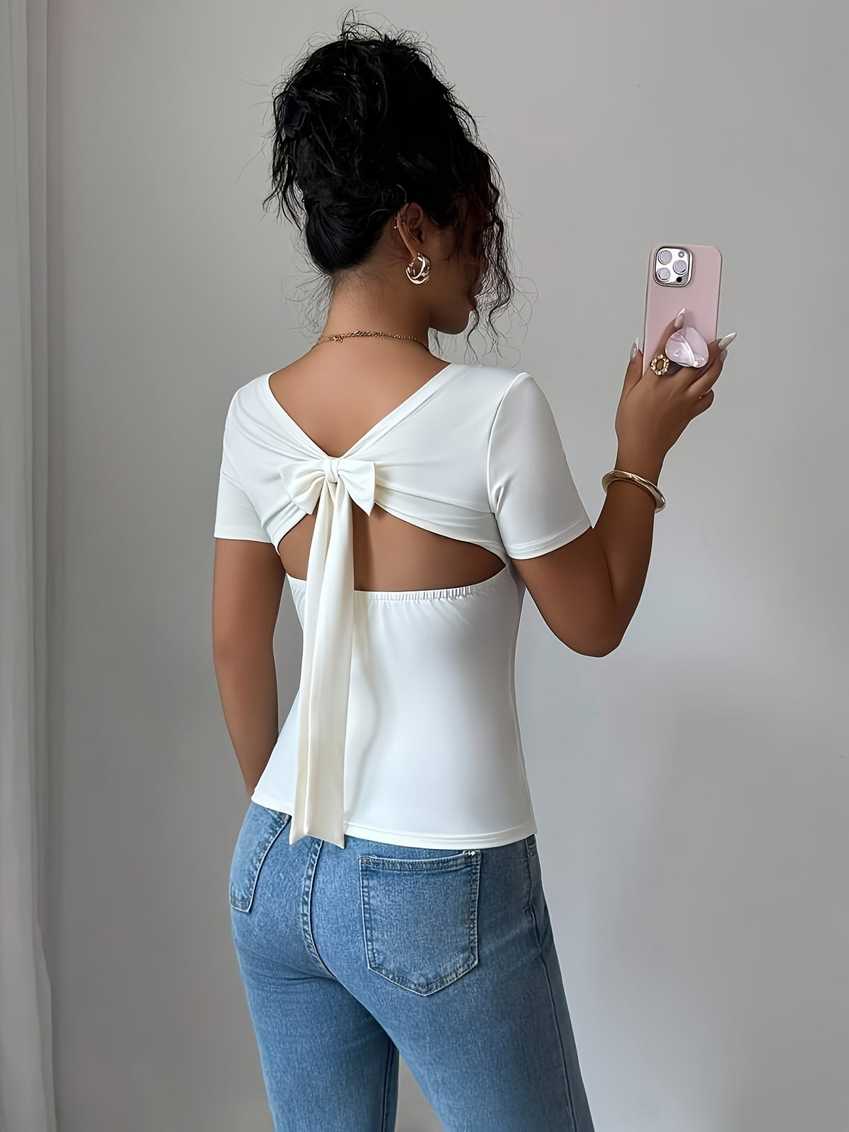 Elegant Vacation and Commute Back Bow Open-Back Top, Women's, Short Sleeve, Nian Nian - White