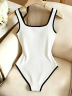 Women's Mature-Casual Style Slim-Fit Jumpsuit Top with Square Neckline, Thin Straps, Ribbed Waistband, and Ribbed Trim - Suitable for Spring/Summer Commuting and Party Outfits - White