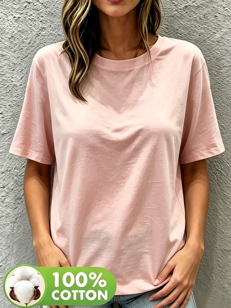 New Round Neck Short Sleeve T-Shirt, Comfortable Breathable Fashion Women'S Round Neck Short Sleeve T-Shirt, Casual Elegant Clothing, Spring Summer Elegant Fashion - pink color