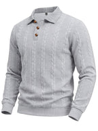 1pc Autumn Men'S Long Sleeve Plaid POLO Shirt Solid Stripe Retro Style Outdoor Sports Casual Pullover Top - Grey