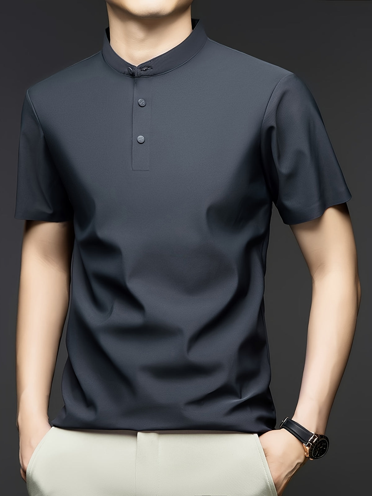 Summer Short-Sleeve T-Shirt for Men, Featuring a Solid Color, Breathable Fabric, And a Small Stand-Up Collar - Dark Gray
