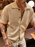 Men'S Knit Cardigan Old Money Style Hollow Short-Sleeve Shirt Men'S Summer New Top Retro Jacket Short Sleeve in Stock - Khaki